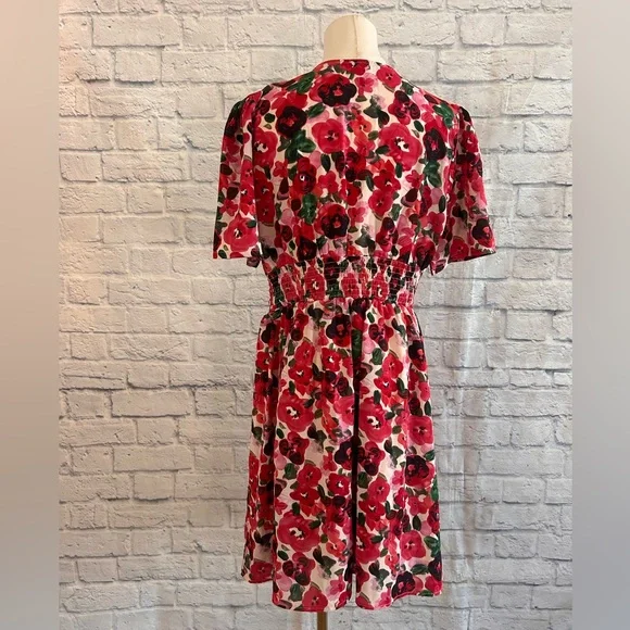 Romantic Floral Mini Dress Red & Pink Roses Empire Waist Low Cut Deep V-Neck - Picture 11 of 15